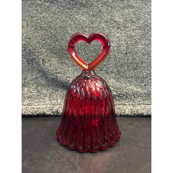 Vintage Fenton Glass Bell Ruby Red Heart Handle - Picture 1 of 14